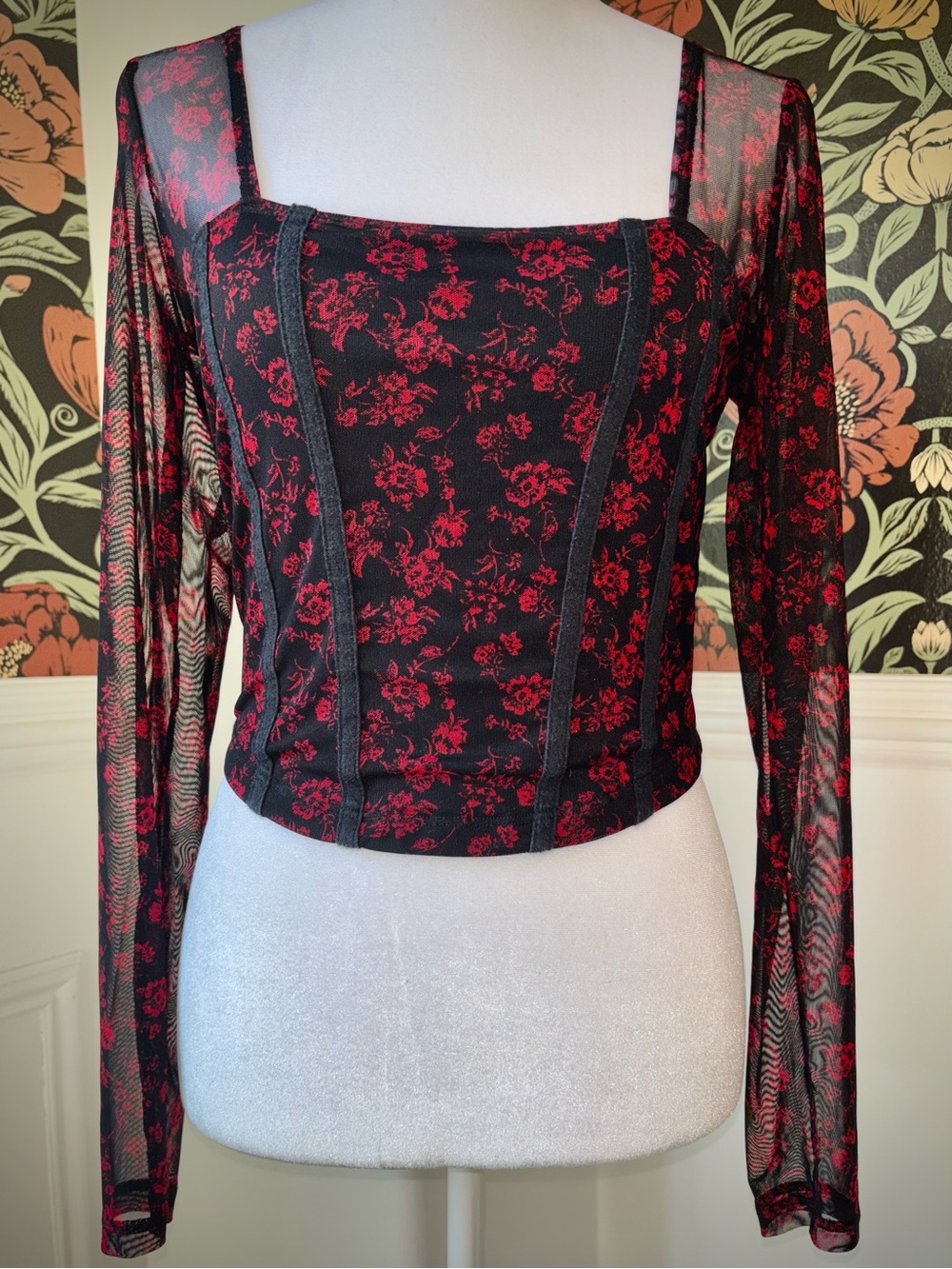 Hollister Mesh Sleeve Floral Corset Crop Top Romantic Whimsigoth - Picture 3 of 10